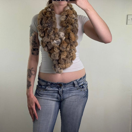 Y2K vintage genuine lapin fur pom pom scarf brown tones