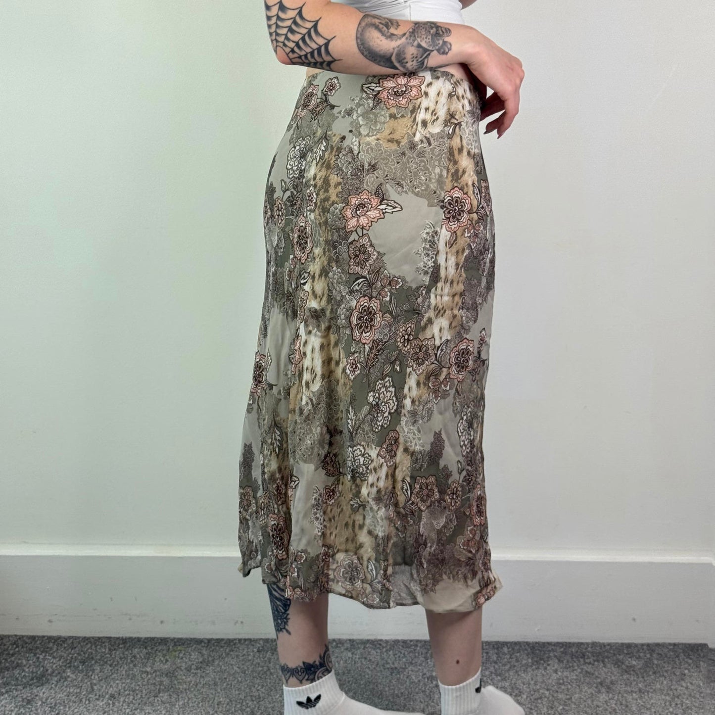 Y2K vintage midi skirt floral print leopard stretch knee length khaki pink brown