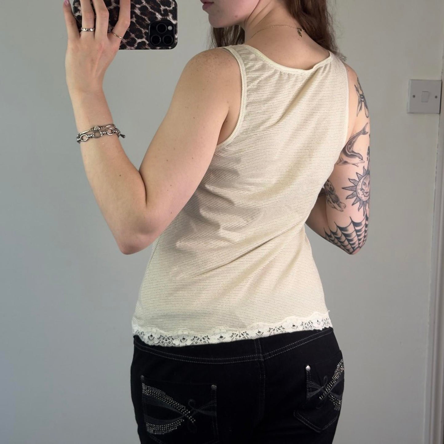 Y2K vintage stripe glitter v neck tank top lace trim 3D rose cream gold stretchy