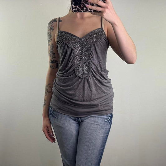 Y2K vintage beaded ruched slouchy cami top strappy embellished embroidery baggy