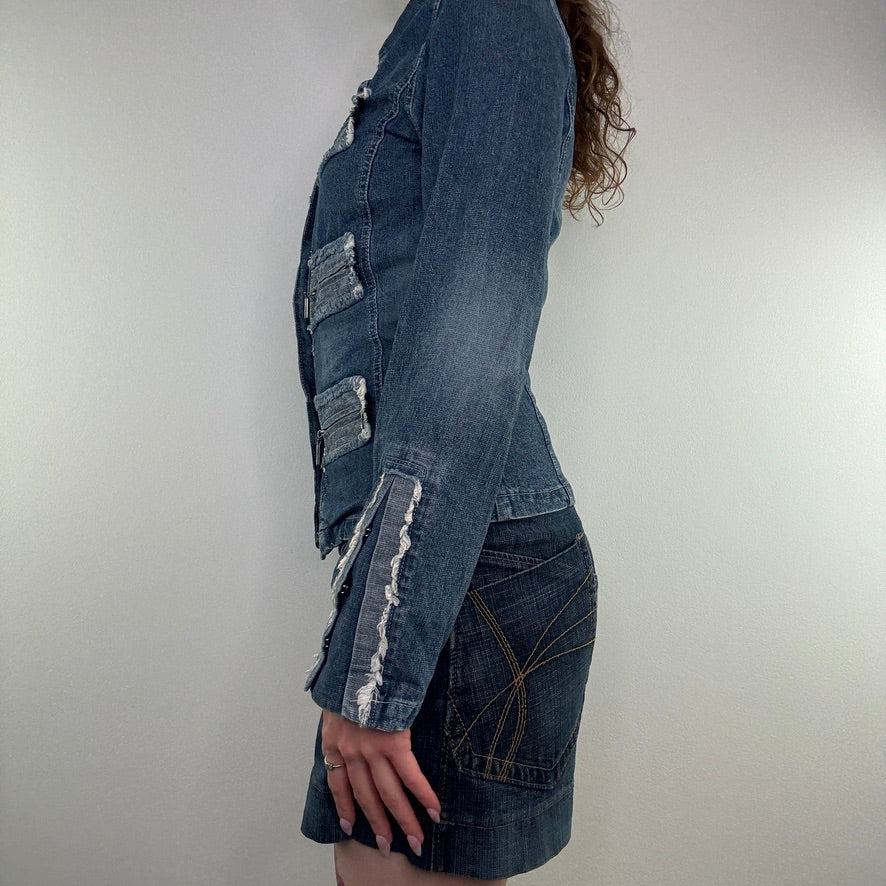 Y2K military fraying fitted denim jacket