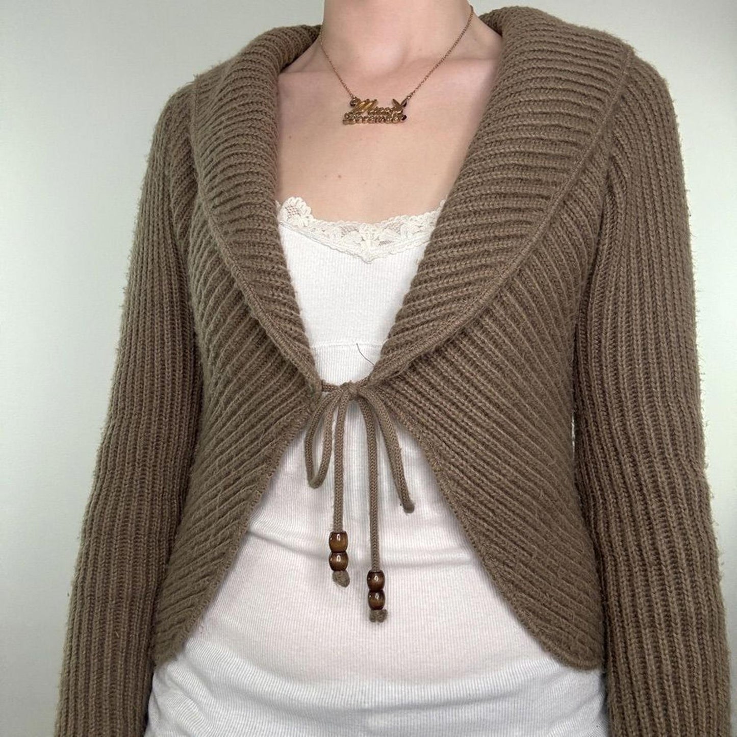 Y2K vintage knit cardigan tie front brown ribbed v neck boho beaded bow
