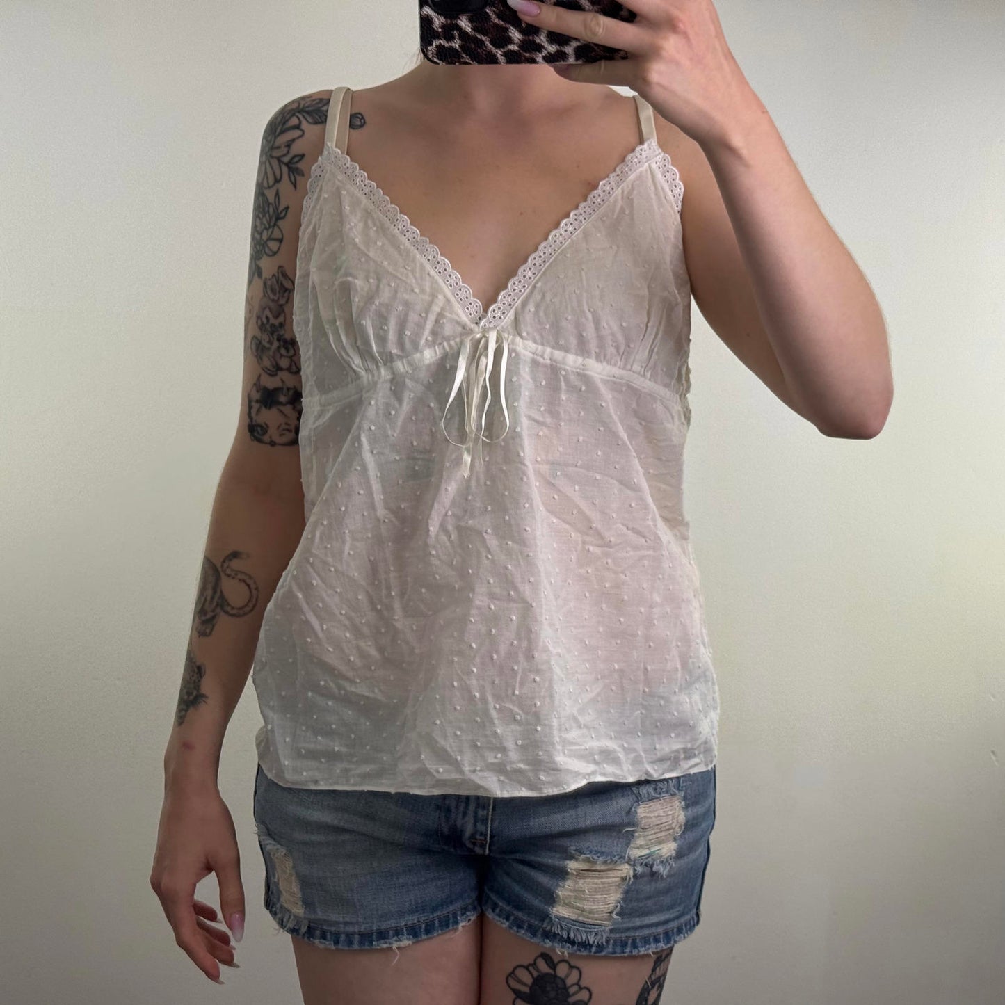 Y2K vintage broderie anglaise cami top cotton bow sheer polka dot v neck