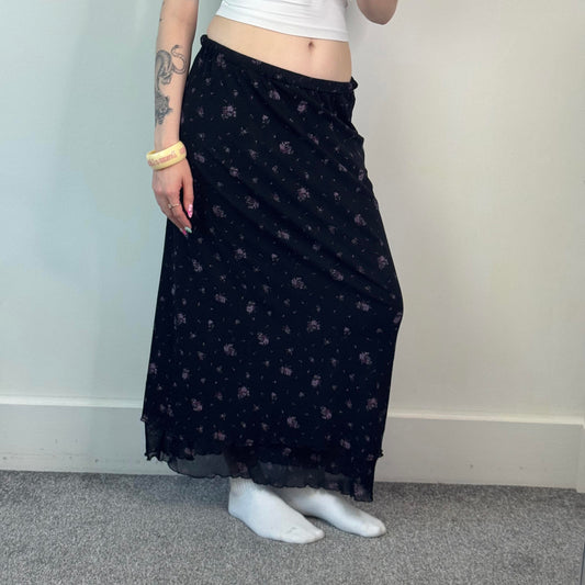 Y2K vintage black ditsy lilac floral double mesh overlay maxi skirt lettuce hem