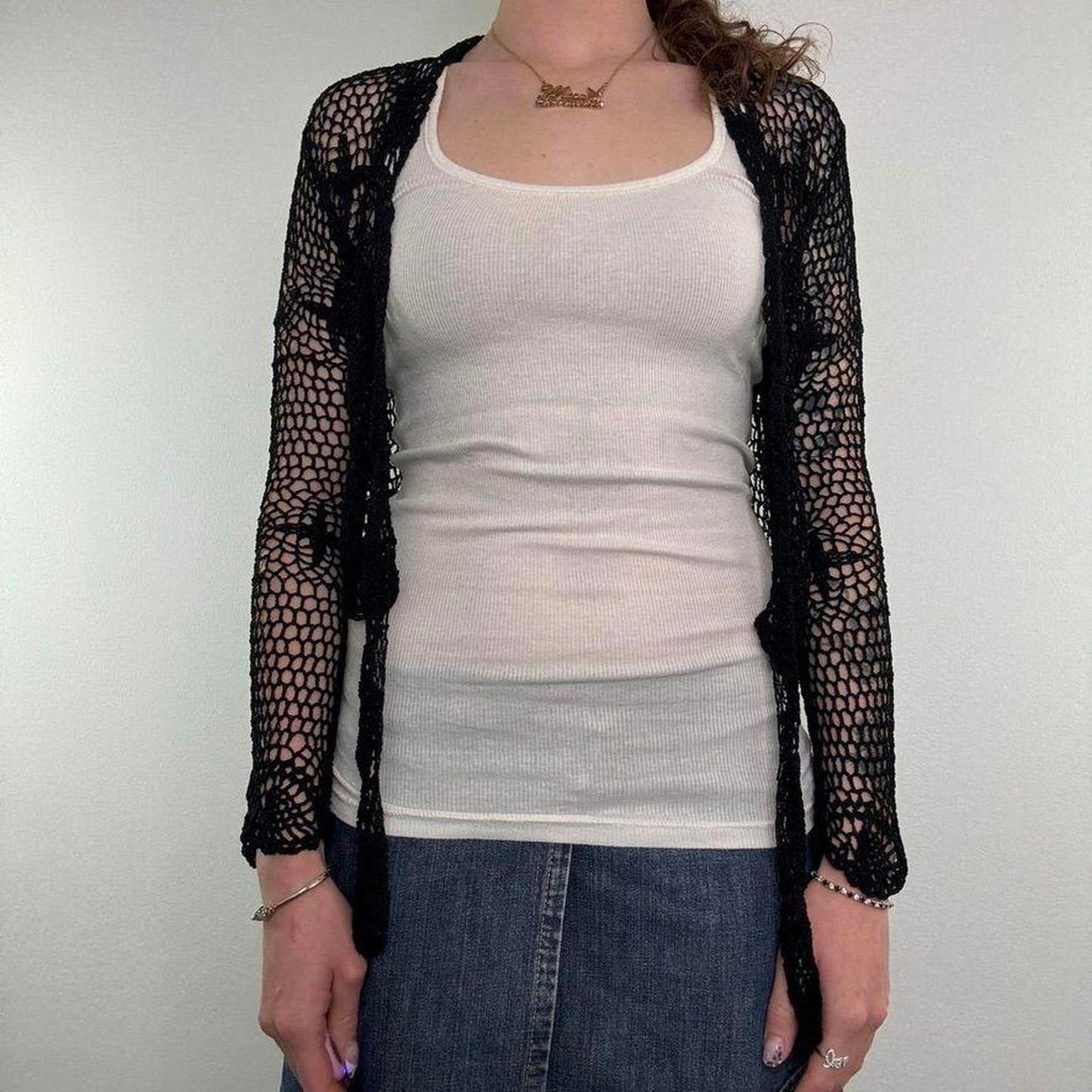 Y2K vintage crochet cross long sleeve cardigan goth alt cropped tie front bow