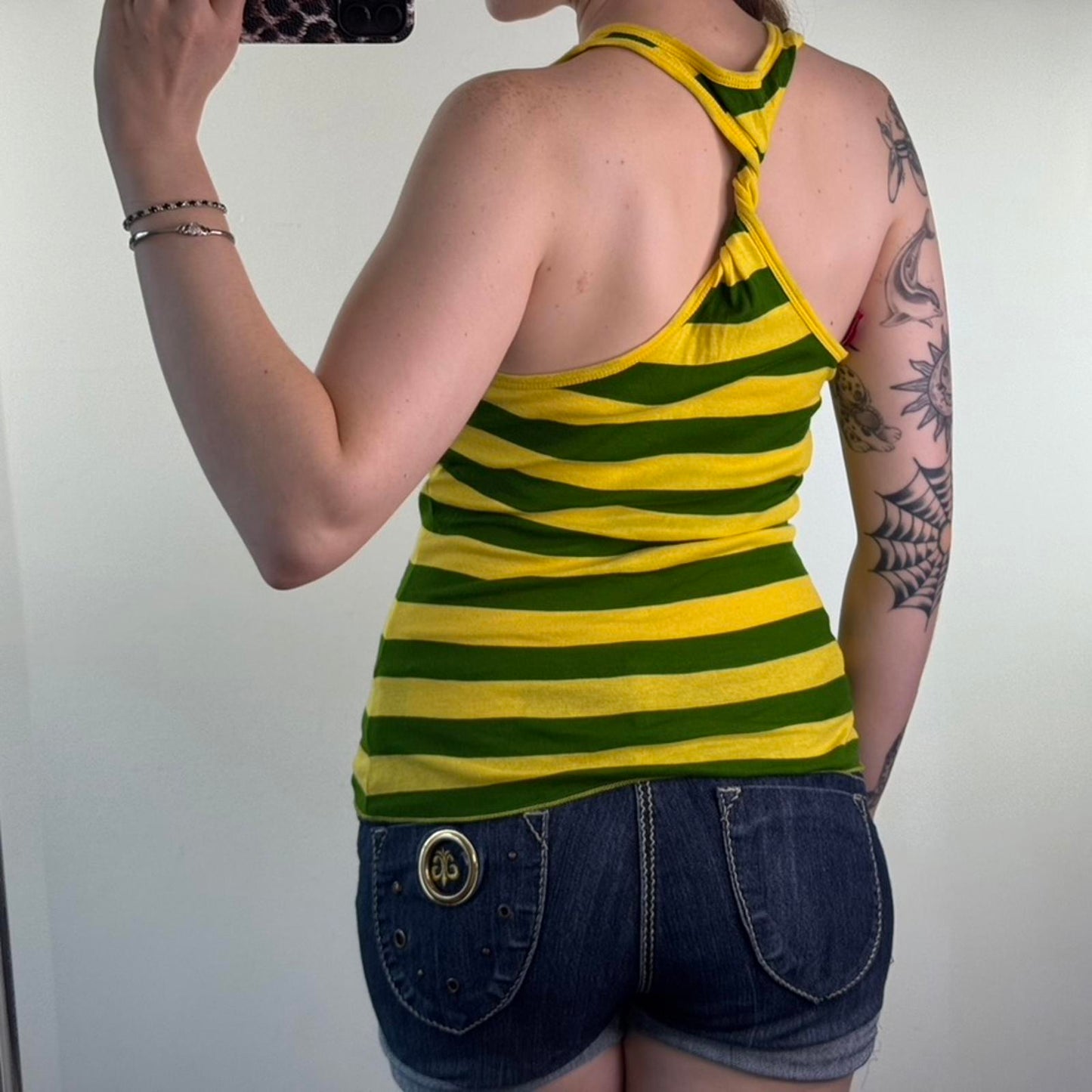 Y2K vintage stripe tank top racerback yellow green round neck