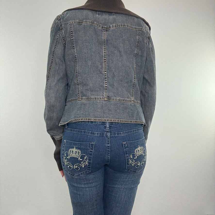 Y2K vintage knit sleeve button up faded denim jacket