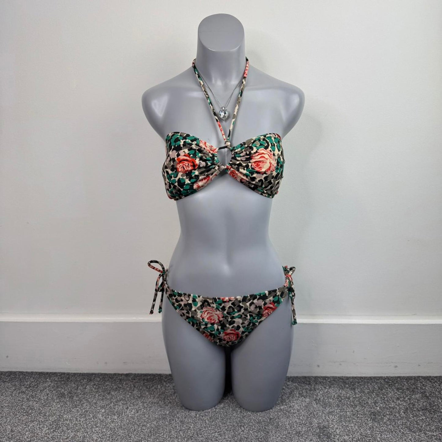 Y2K vintage floral leopard print rose halter neck bow matching bikini set