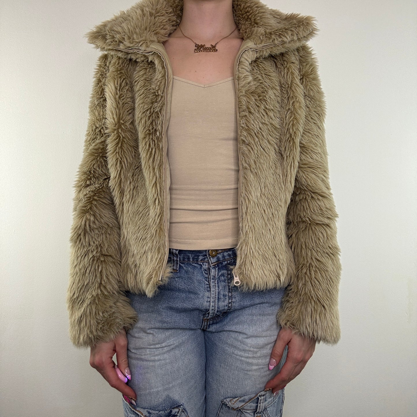 Y2K vintage faux fur shaggy zip up coat