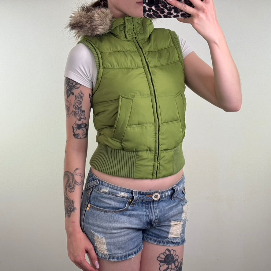 Y2K vintage Aeropostale gilet sleeveless jacket body warmer faux fur hood trim