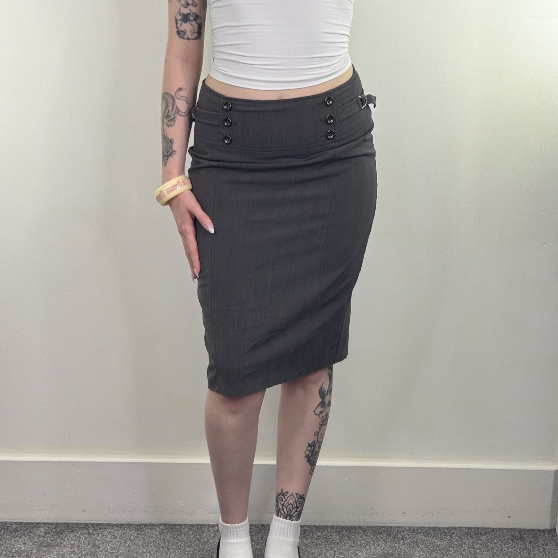 Y2K vintage pencil midi skirt knee length buttons d ring buckles office grey slit