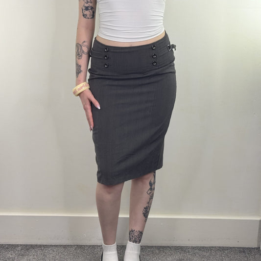 Y2K vintage pencil midi skirt knee length buttons d ring buckles office grey slit