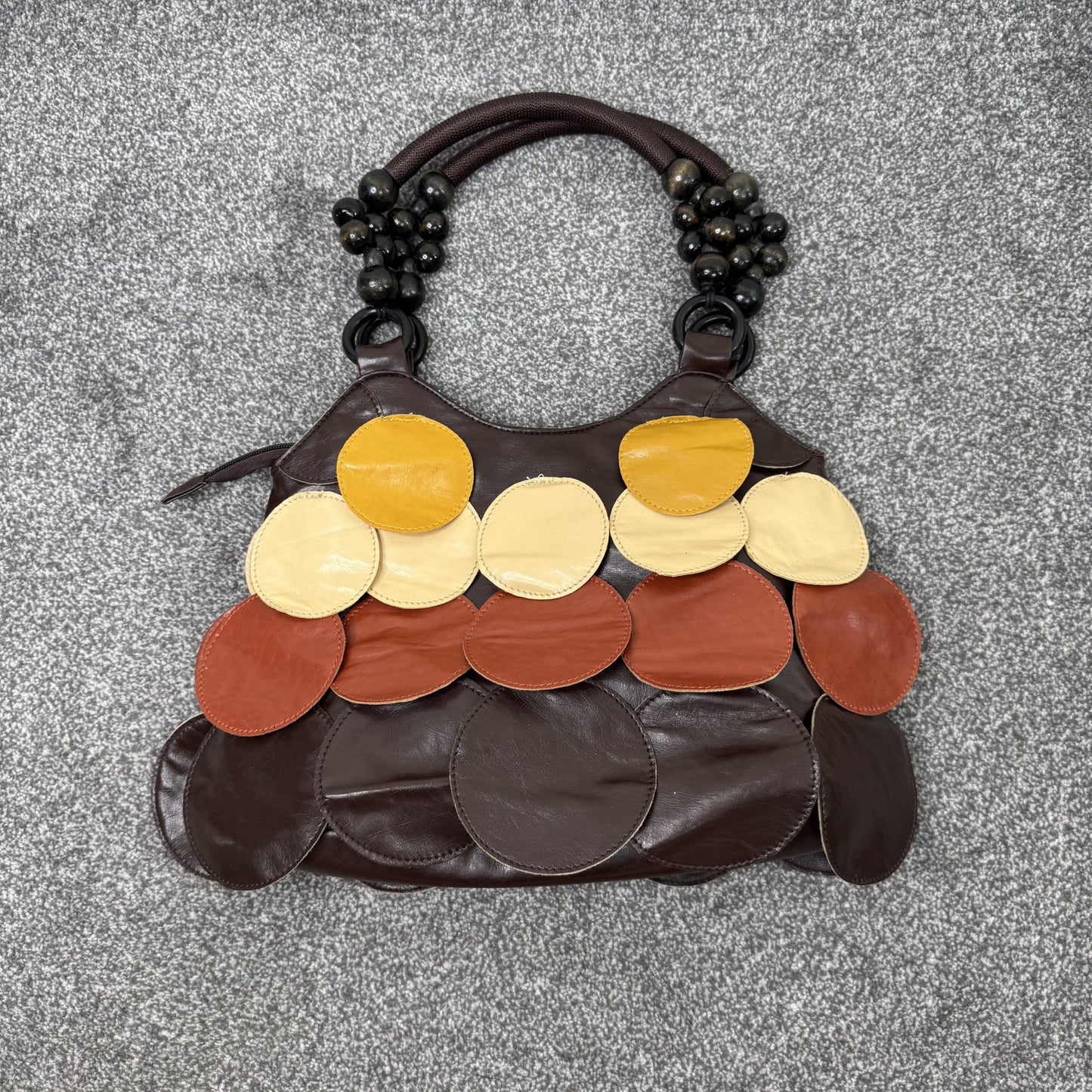 Y2K vintage faux leather shoulder bag layered circle patches beaded brown medium