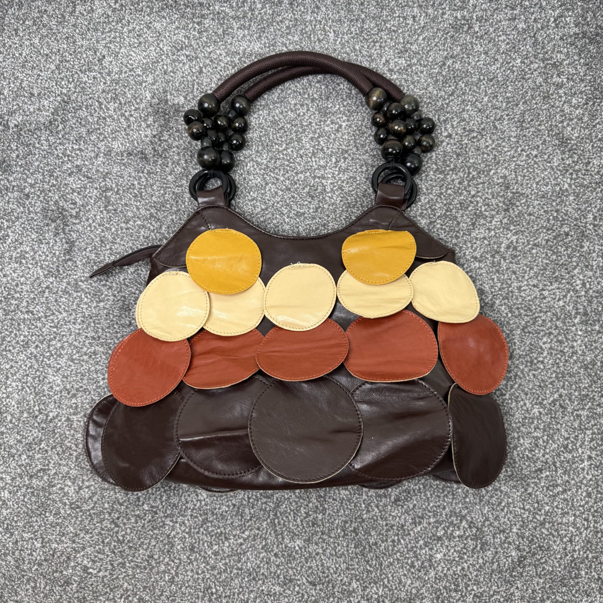 Y2K vintage faux leather shoulder bag layered circle patches beaded brown medium