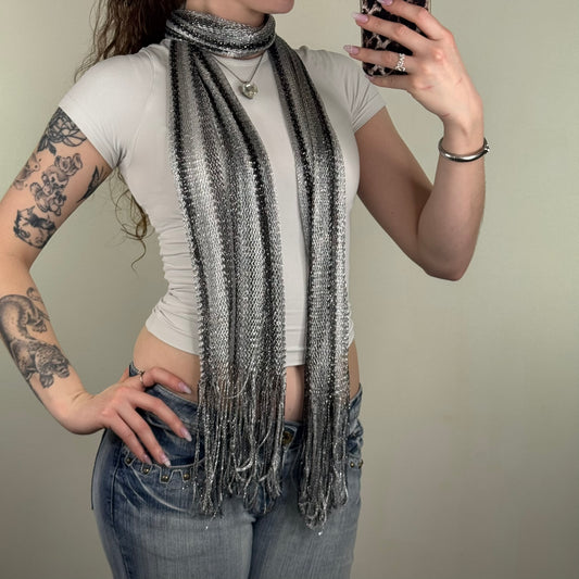 Y2K vintage fine knit stripe scarf lightweight sheer glittery sparkly grey black