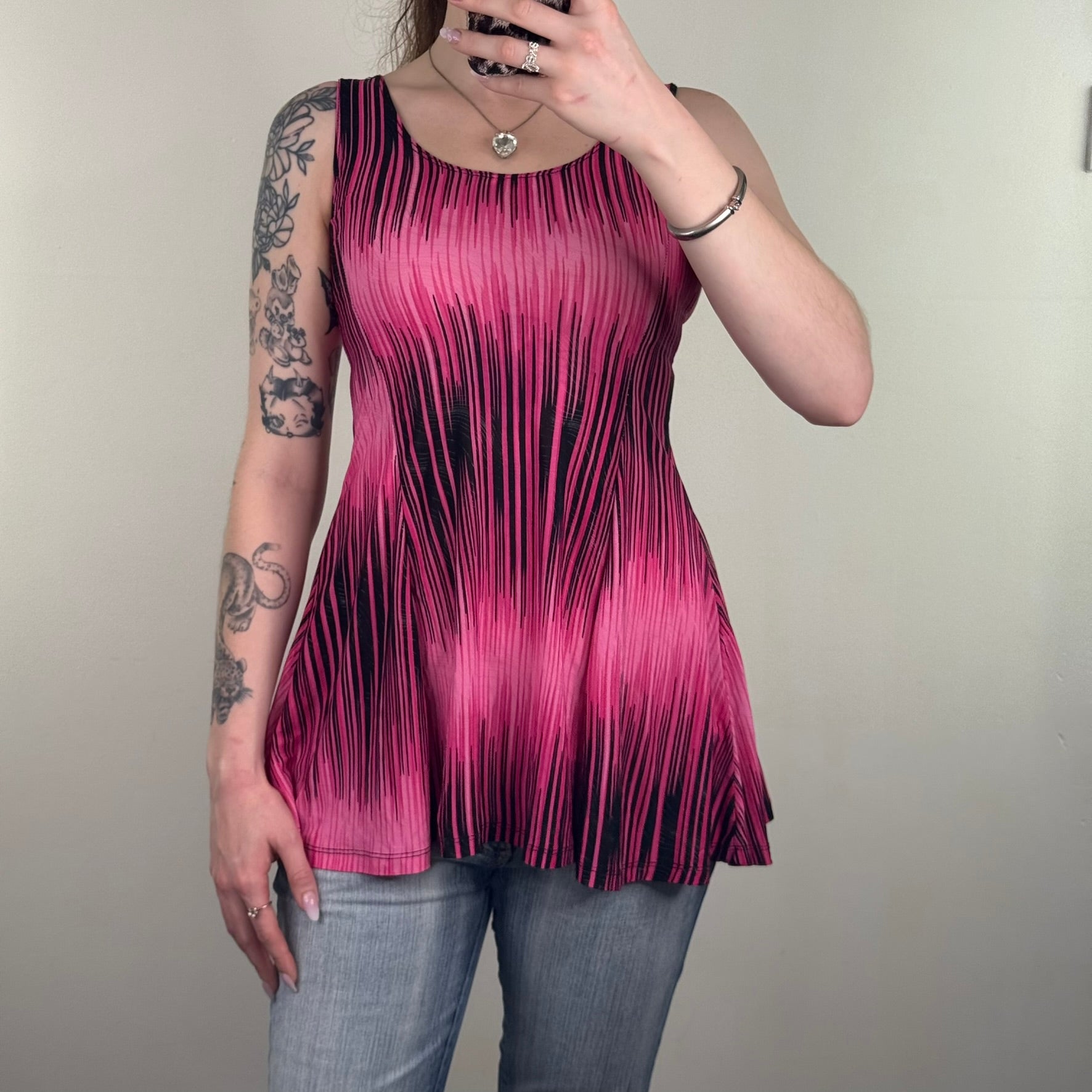 Y2K vintage slinky flowy fitted peplum top stripe pattern long line stretchy