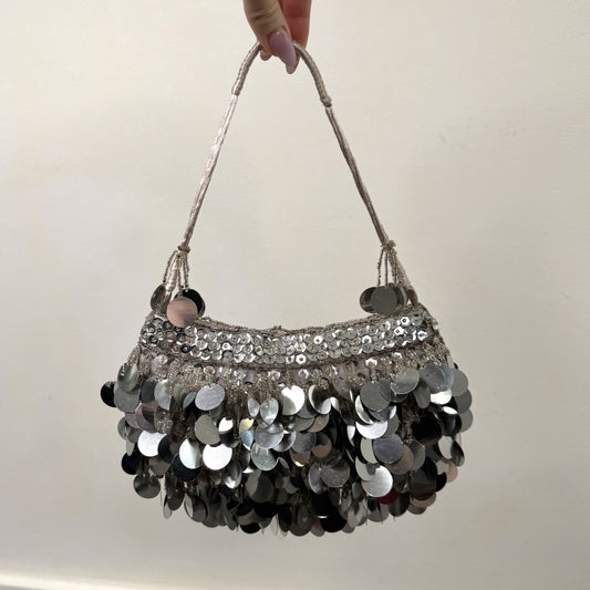 Y2K vintage sequin embellished mini shoulder bag beaded party silver metallic micro