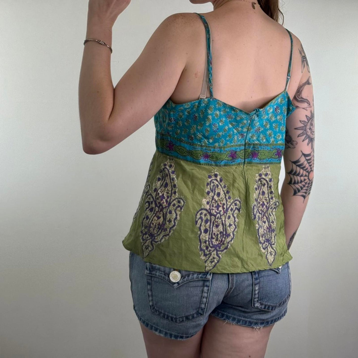 Y2K vintage 100% silk paisley cami top v neck strappy green blue lightweight