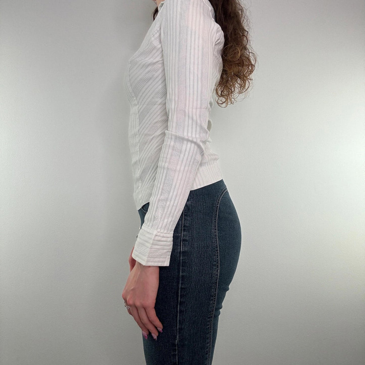 Y2K vintage fitted long sleeve shirt sparkly v neck collared stretchy sheer