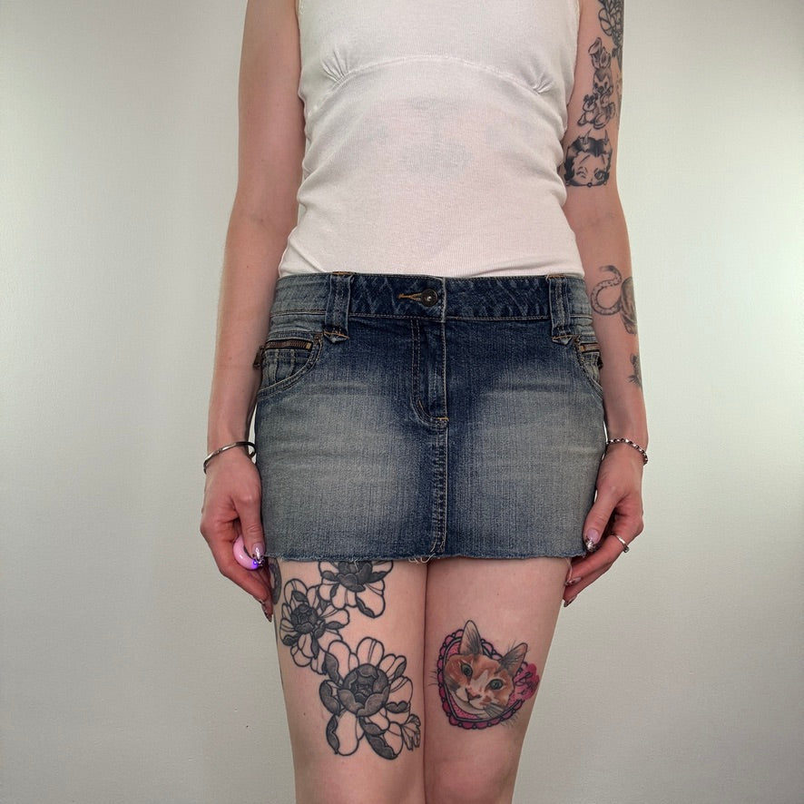 Y2K vintage low rise faded denim fraying hem mini skirt