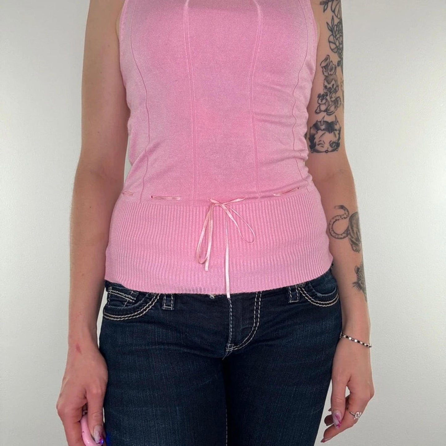 Y2K vintage fine knit bow tank top round neck stretchy fitted stripe baby pink