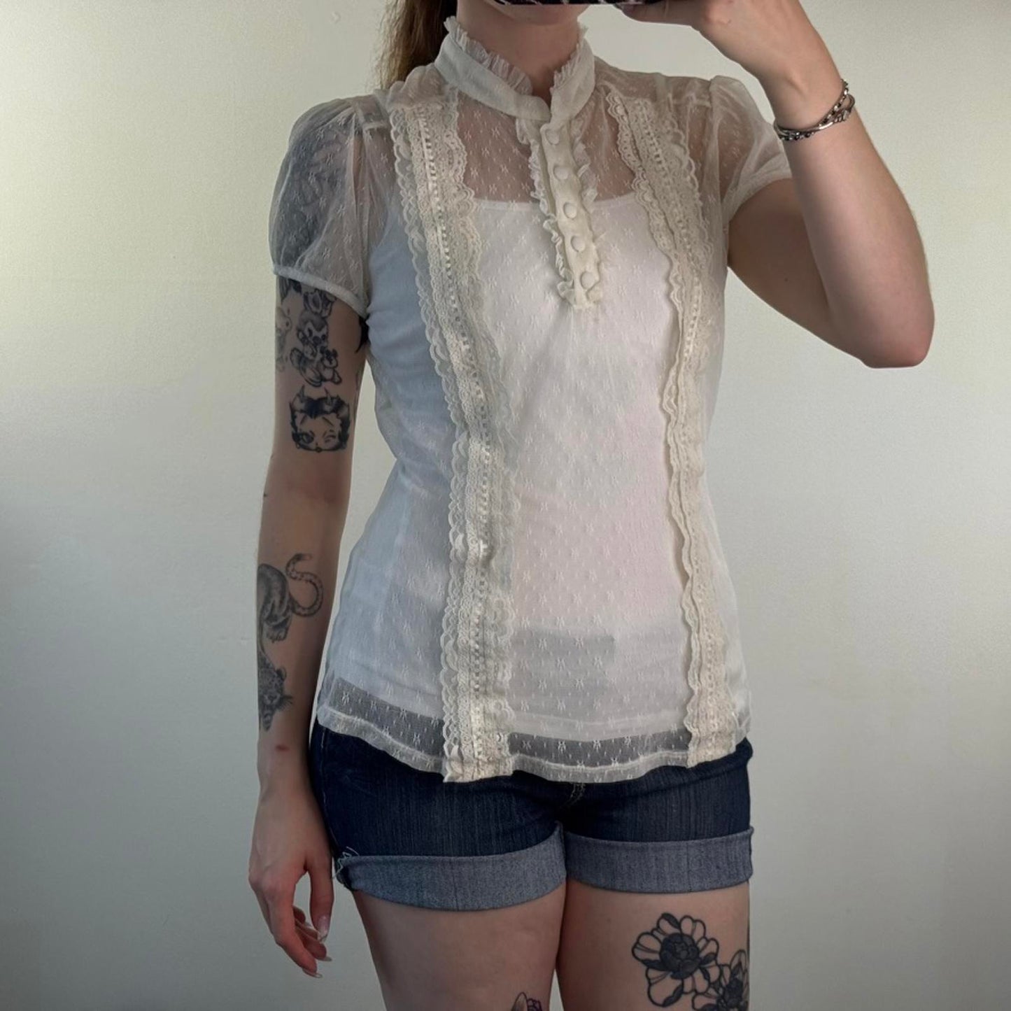 Y2K vintage mesh sheer short sleeve top coquette frilly button up high neck