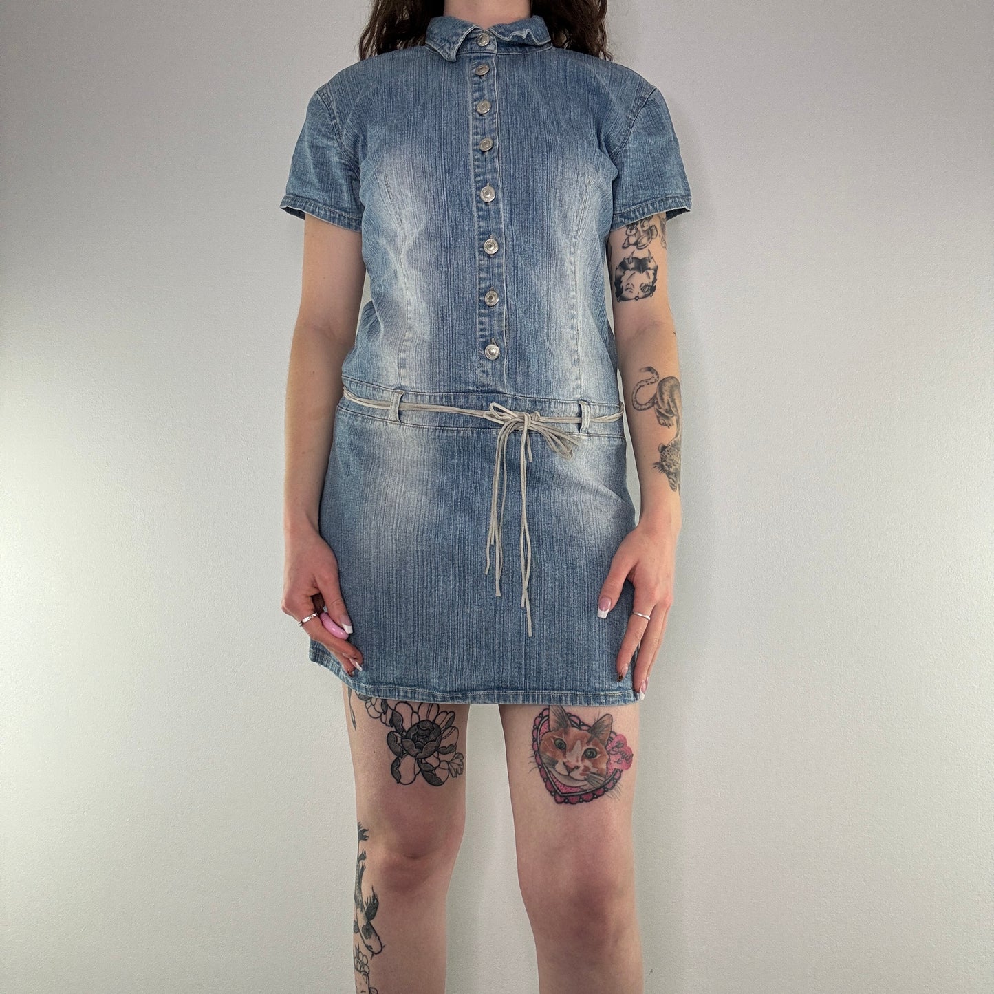 Y2K faded denim mini dress with belt