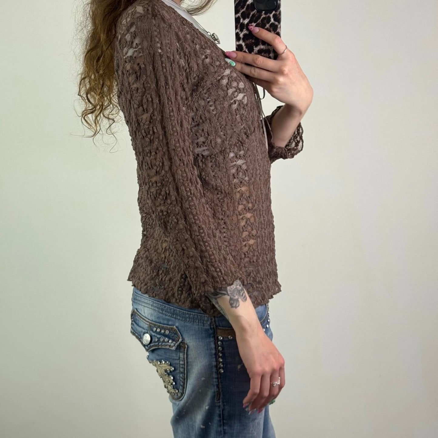 Y2K vintage mesh lace 3/4 sleeve top bust bow keyhole round deep neckline sheer