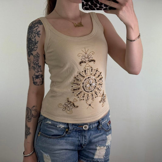 Y2K vintage tank top shell embellished beaded coconut girl summer beach beige