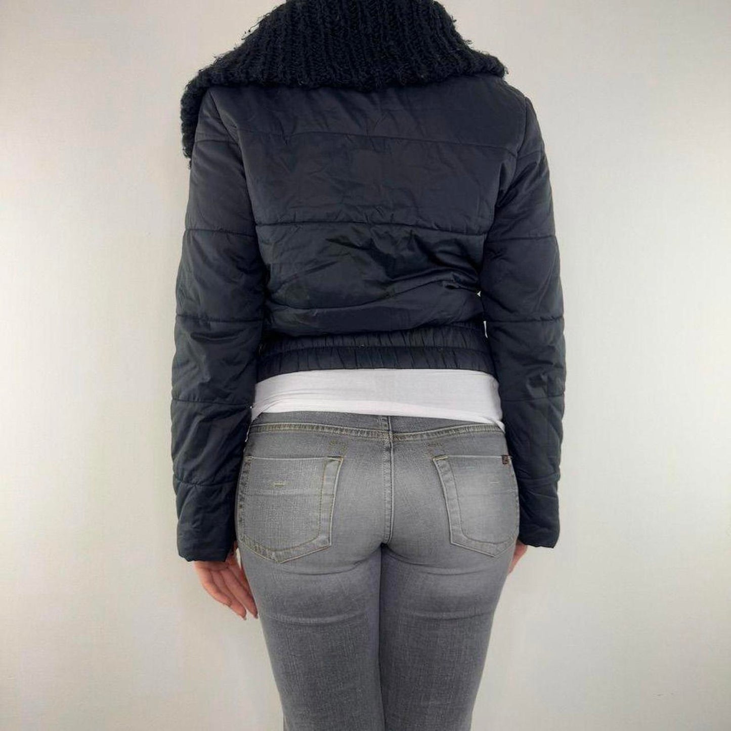 Y2K vintage Kookai short puffer coat asymmetrical zipper jacket knitted collar
