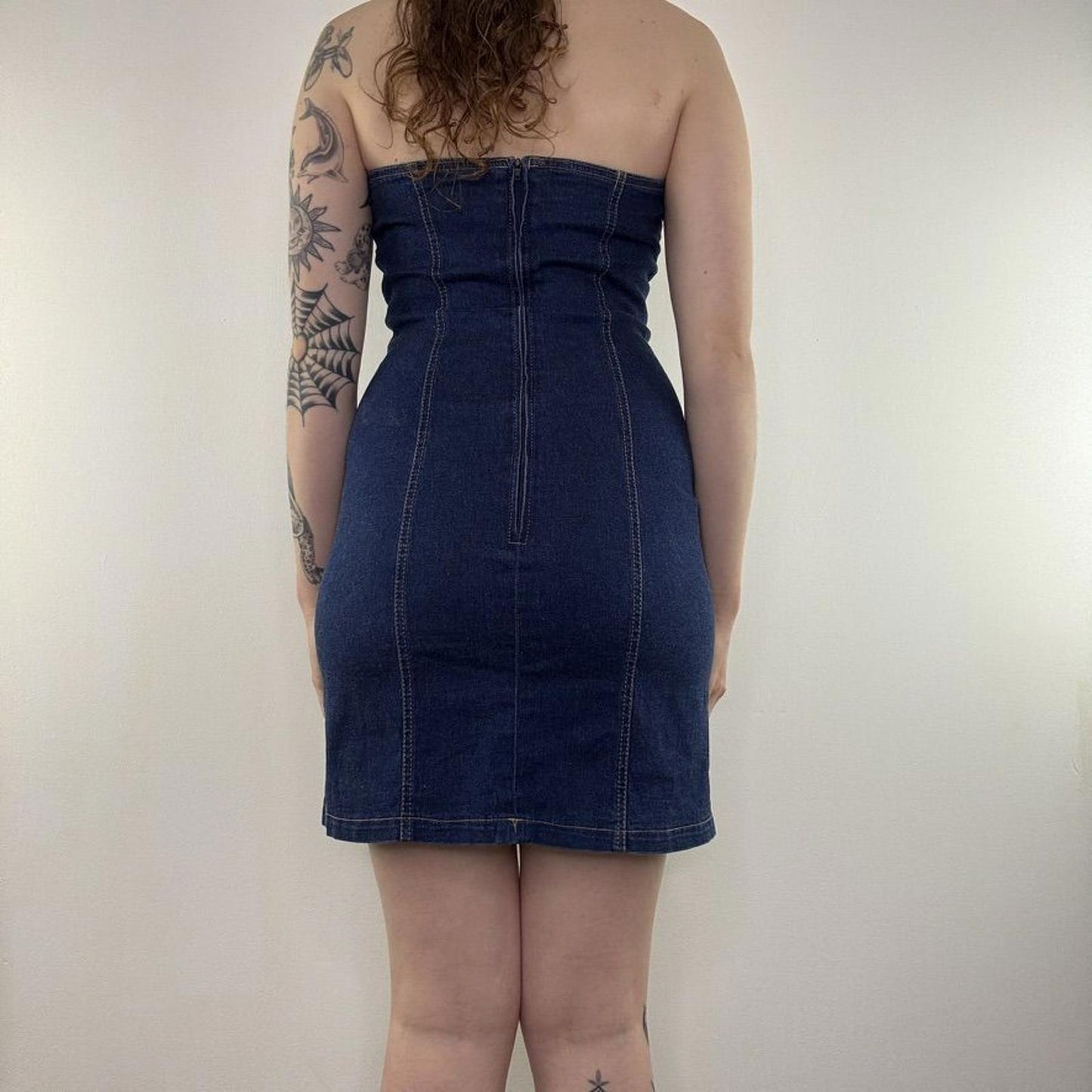 Y2K vintage denim mini dress stretchy strapless fitted bodycon blue wash zip up