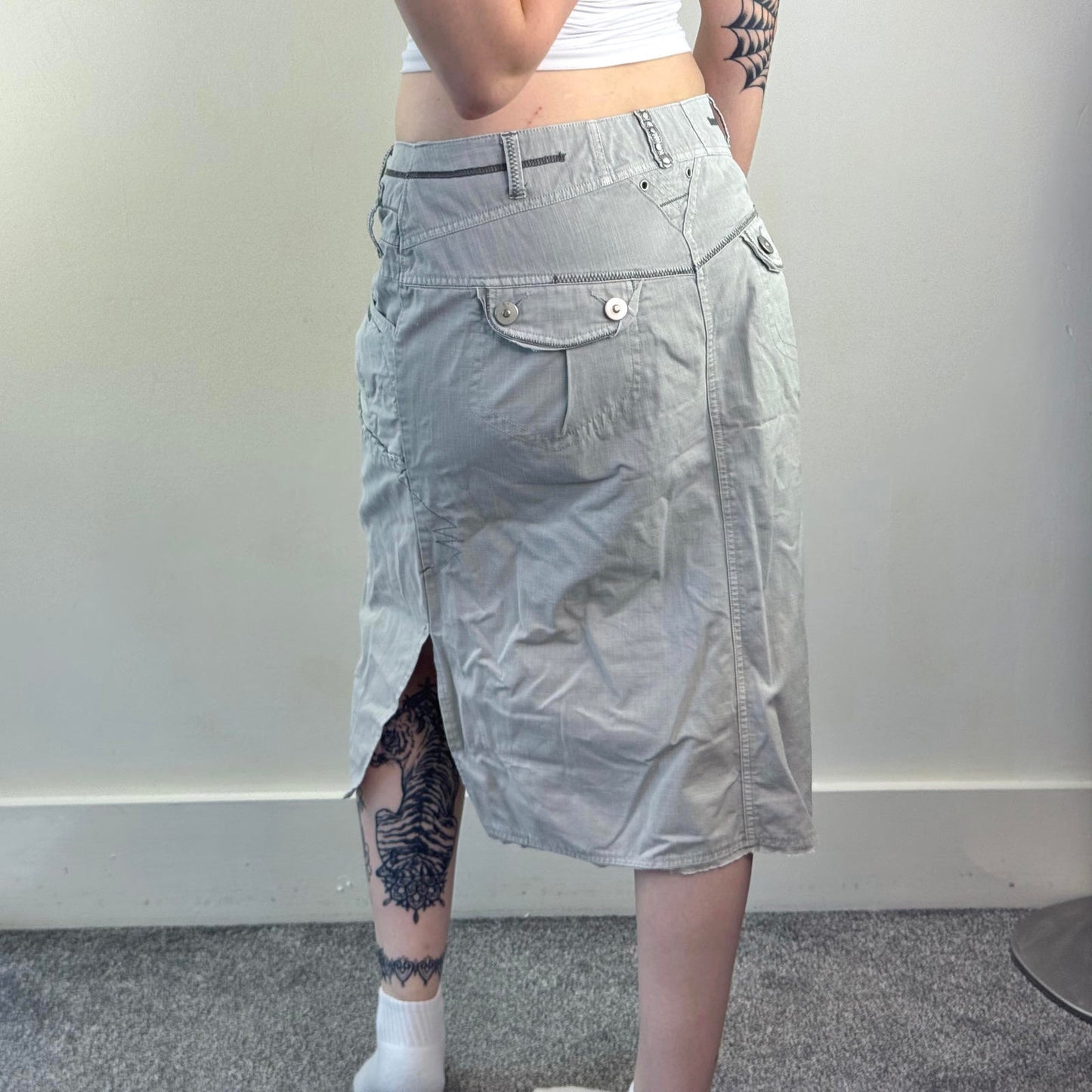 Y2K vintage denim cargo midi skirt grey contrast stitch
