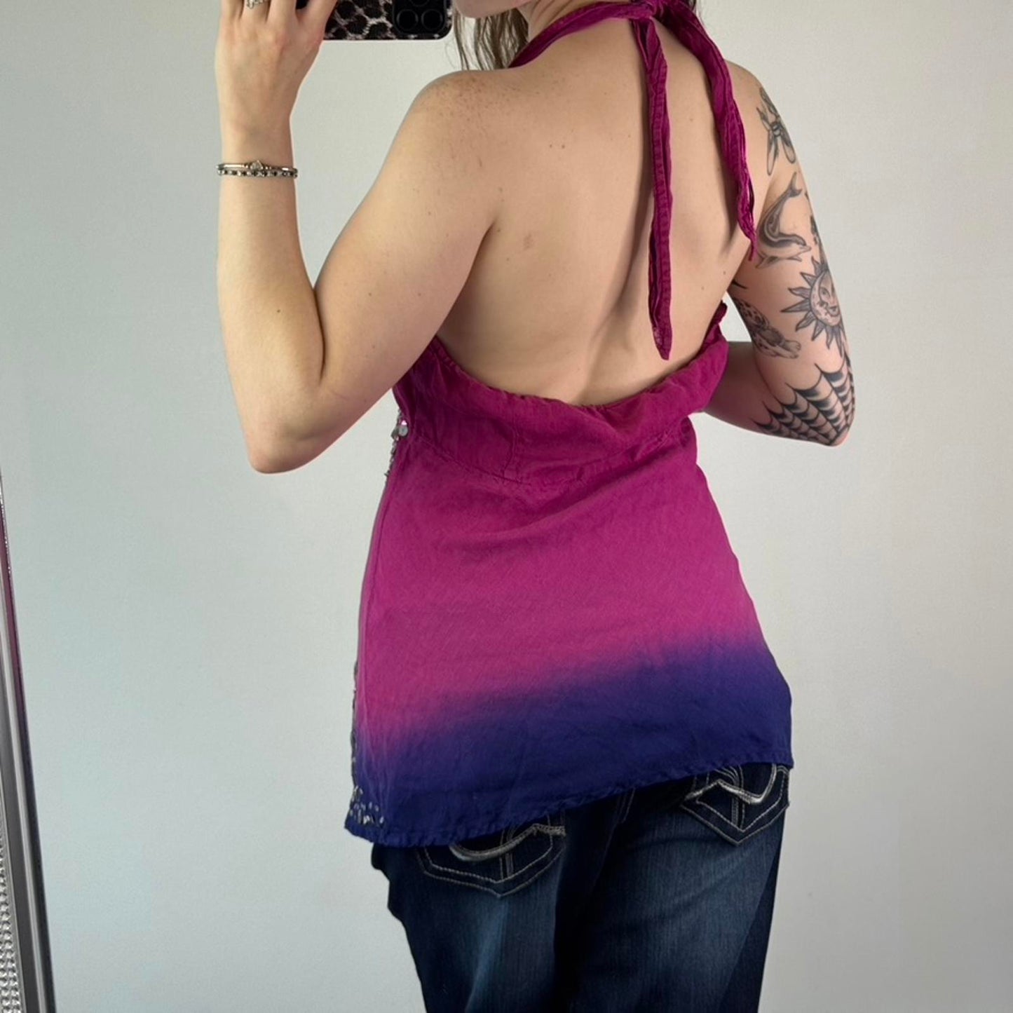 Y2K vintage 100% linen halter neck beaded sequin top v neck boho embellished M