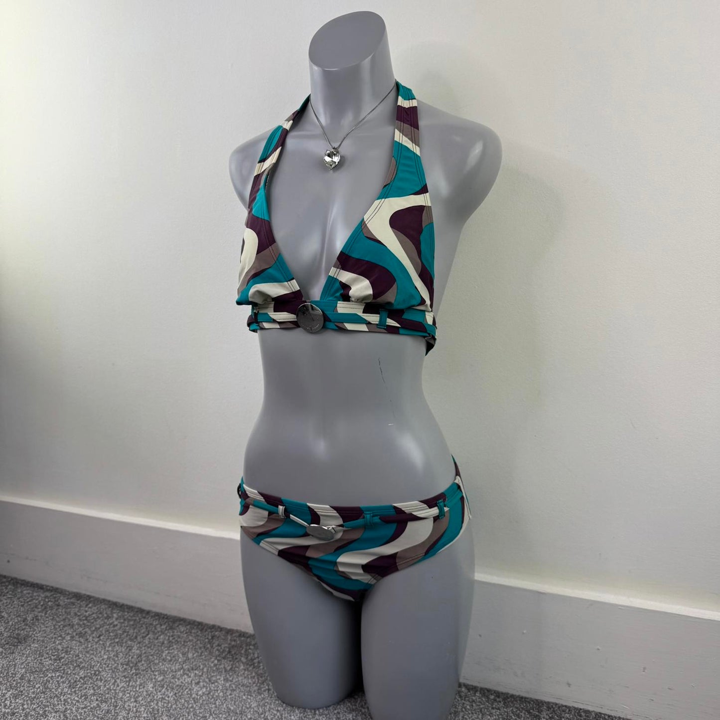 Y2K vintage swirly matching halter neck bikini set swimwear funky pattern