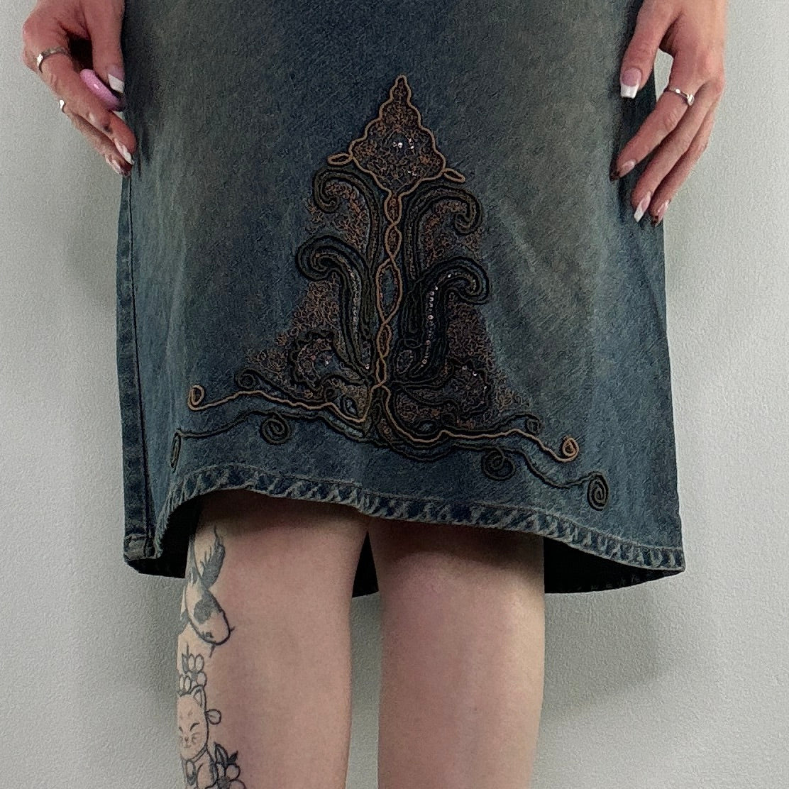 Y2K faded denim embroidery boho midi skirt