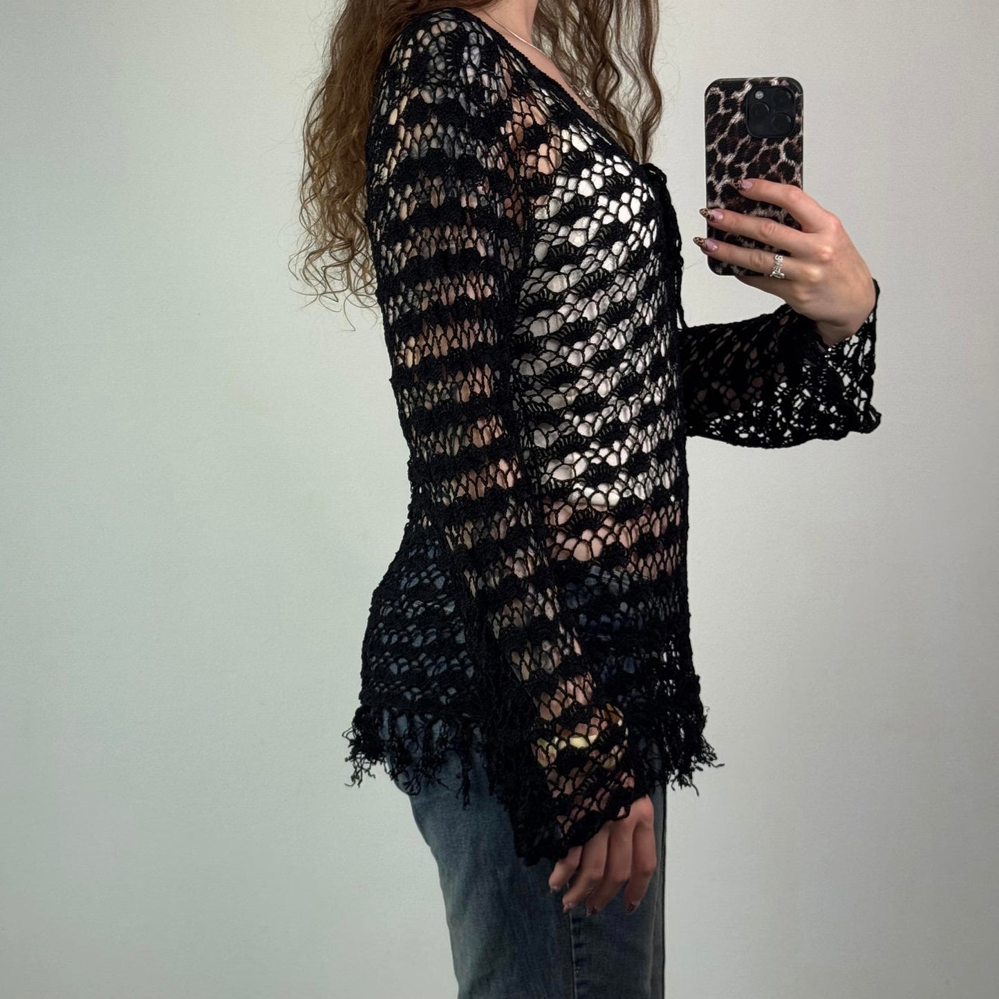 Y2K vintage crochet long flare sleeve jumper sheer knit v neck tassel lace up