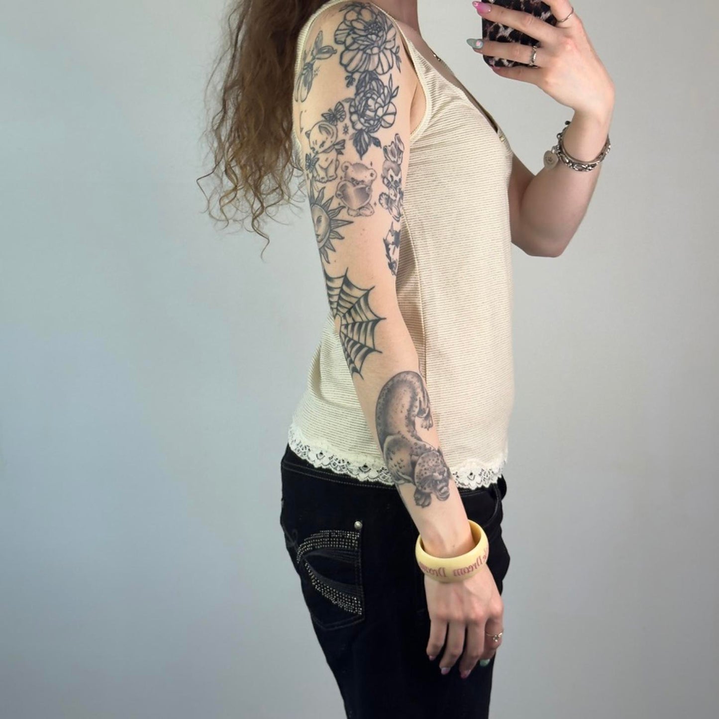 Y2K vintage stripe glitter v neck tank top lace trim 3D rose cream gold stretchy