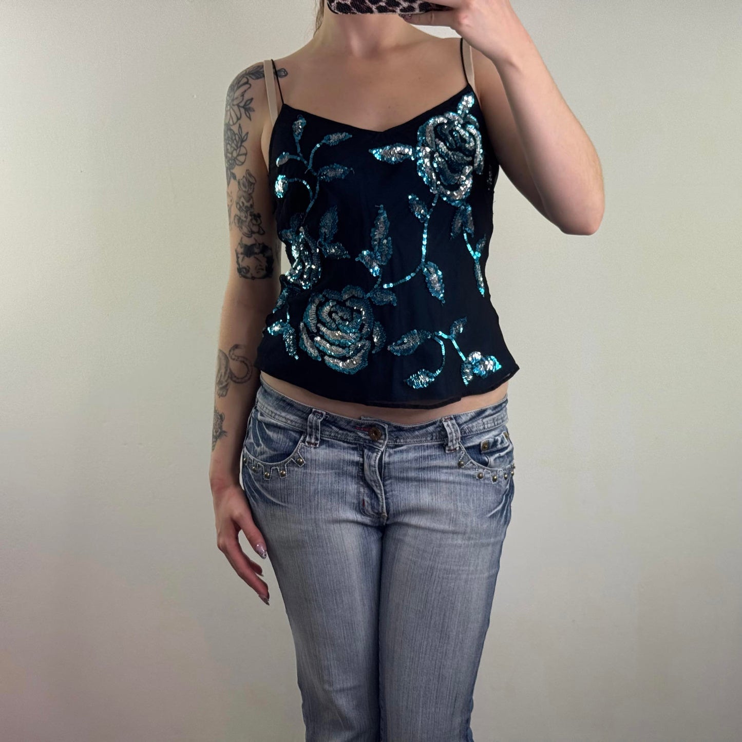 Y2K vintage 100% pure silk cami top embellished floral rose sequin pattern