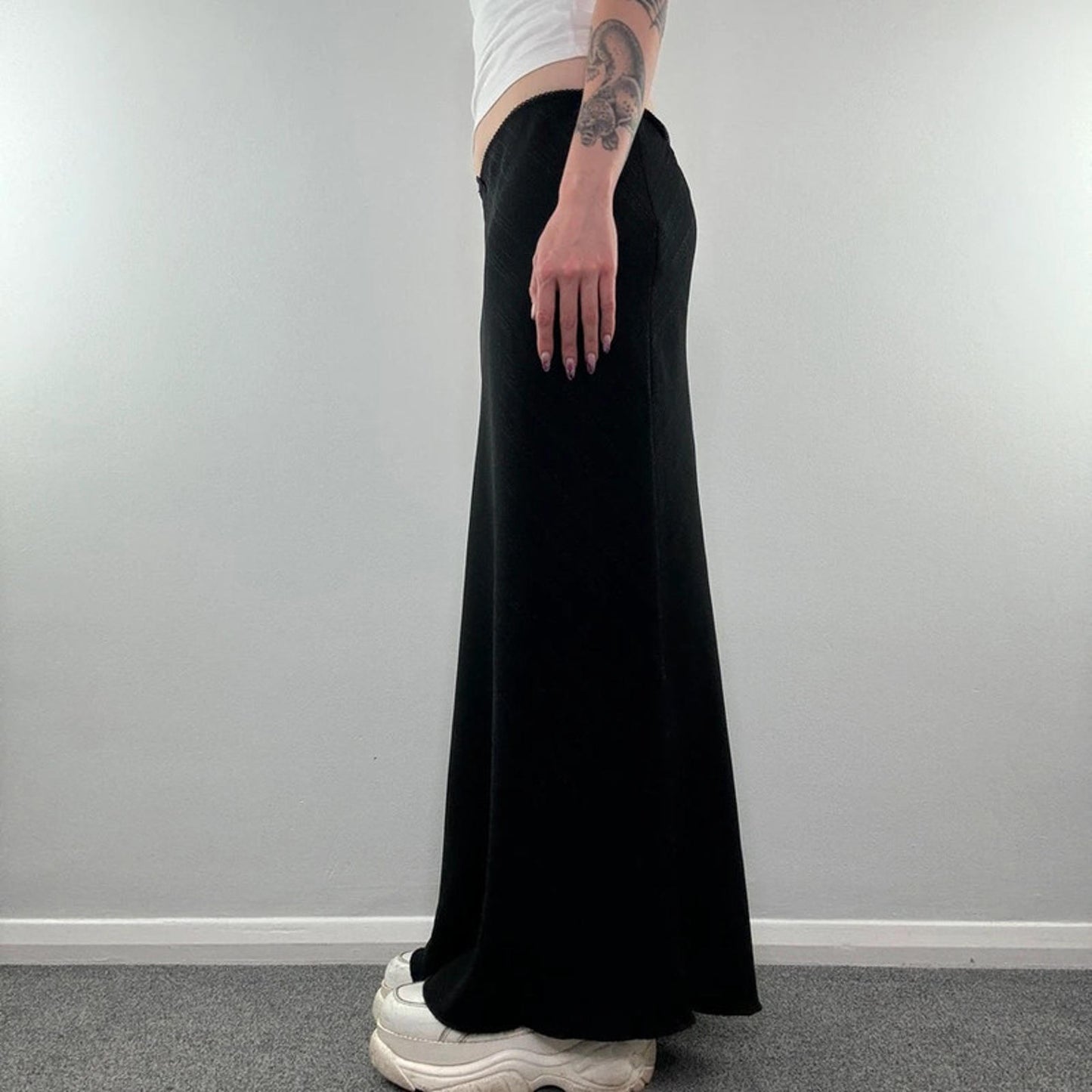 Y2K vintage sparkly stripe bow maxi skirt stretchy office work formal flowy