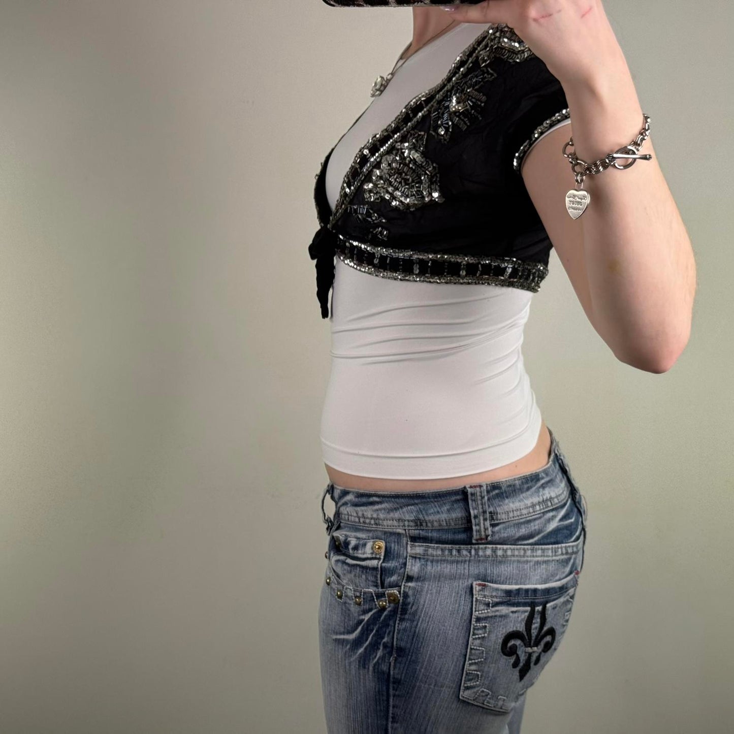 Y2K vintage 100% pure silk cropped bolero cardigan shawl sequin bow sheer v neck