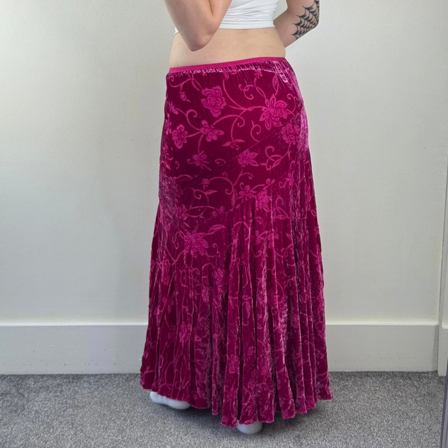 Y2K vintage part silk velour maxi skirt floral a line hot pink stretchy lined