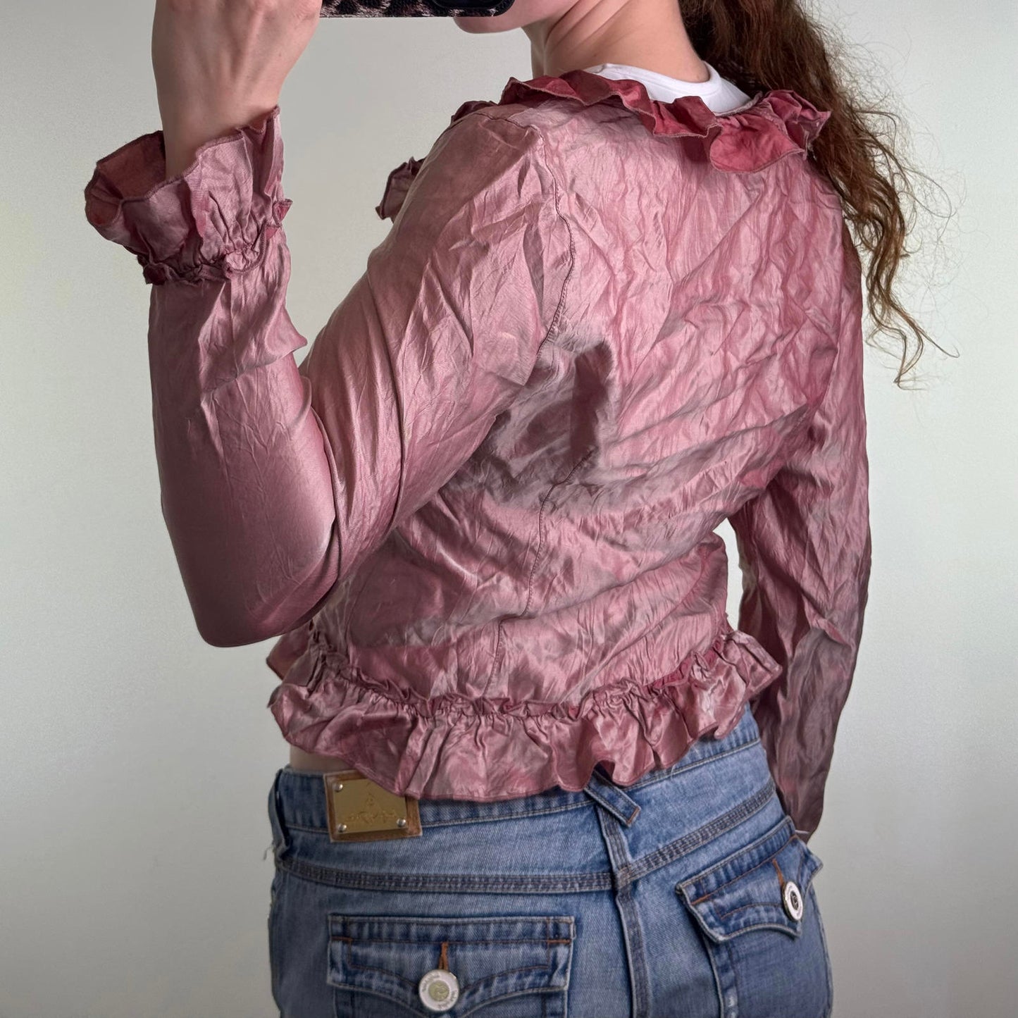 Y2K vintage lightweight jacket frill button up bow ruffle v neck