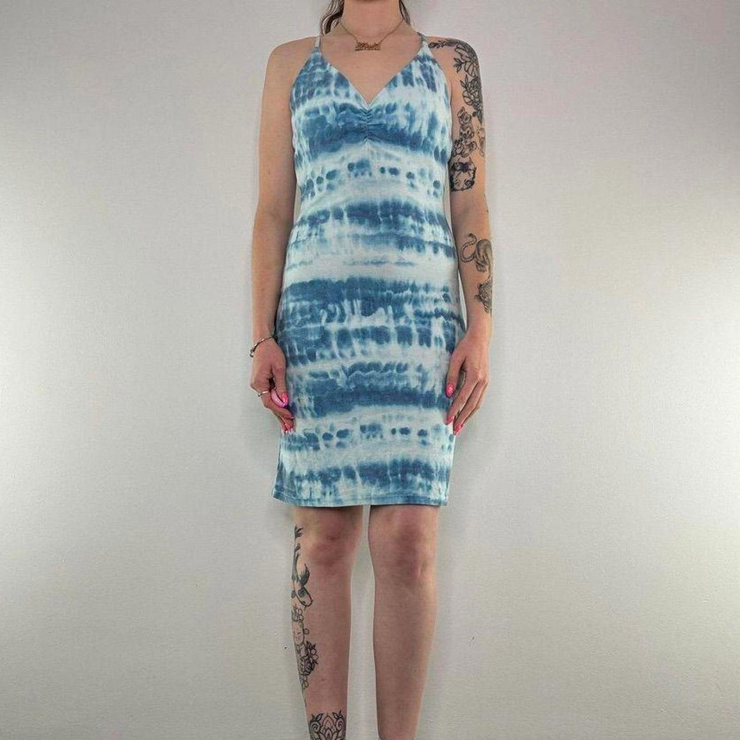 Y2K vintage ombre mini dress summer tie dye stretchy above knee racerback ruched
