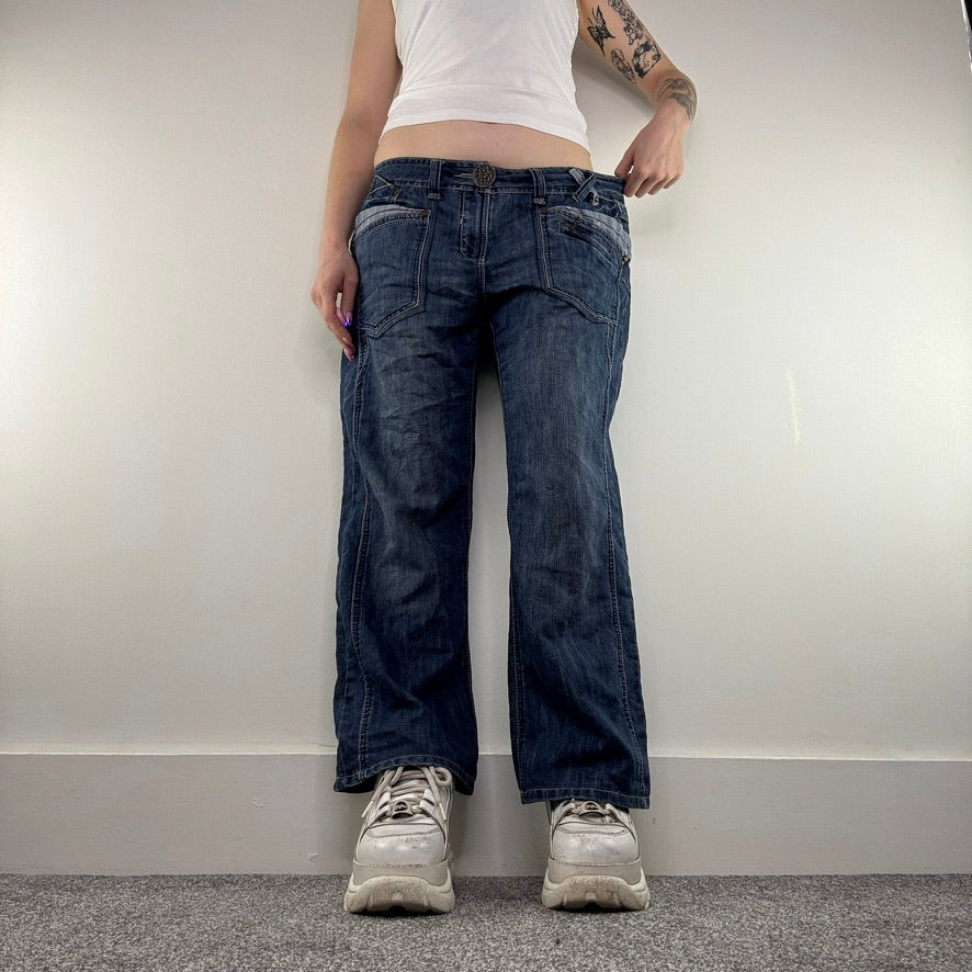Y2K vintage slouchy baggy jeans faded denim mid rise two tone utility cargo