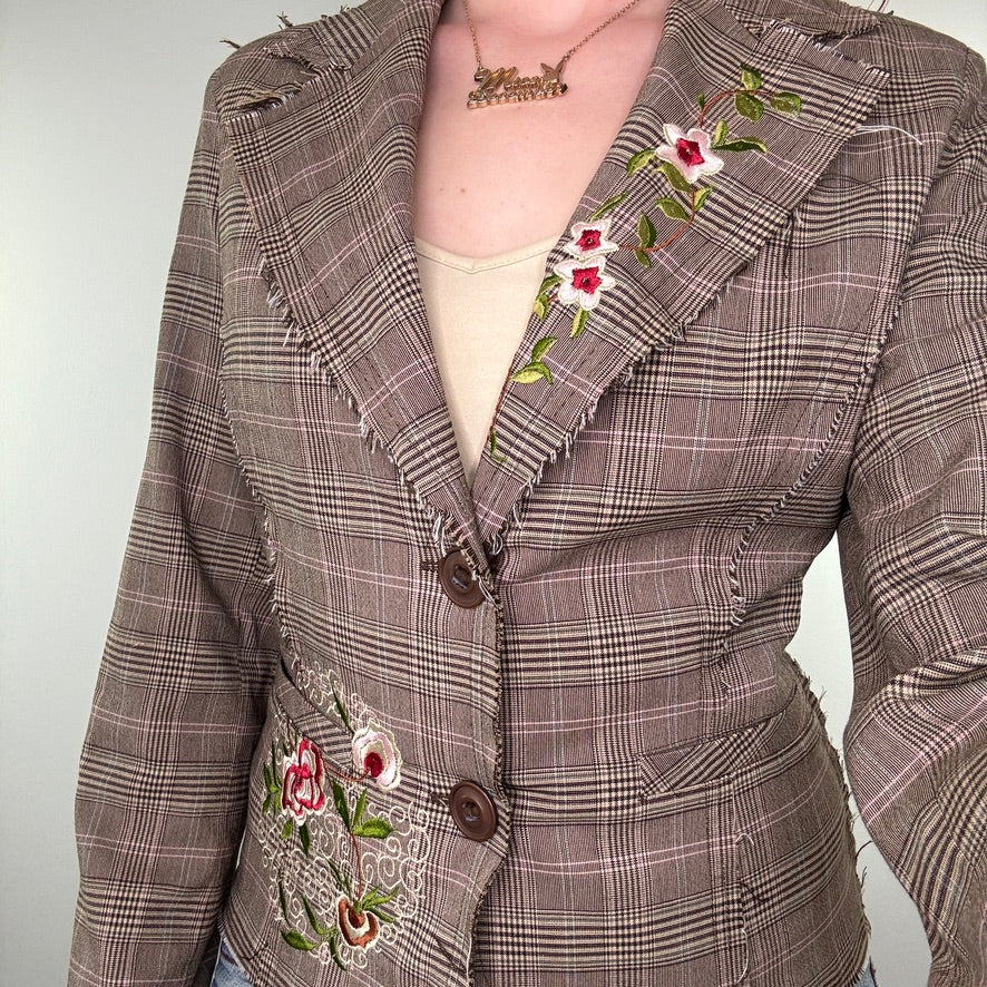 Y2K fitted tartan floral embroidered blazer