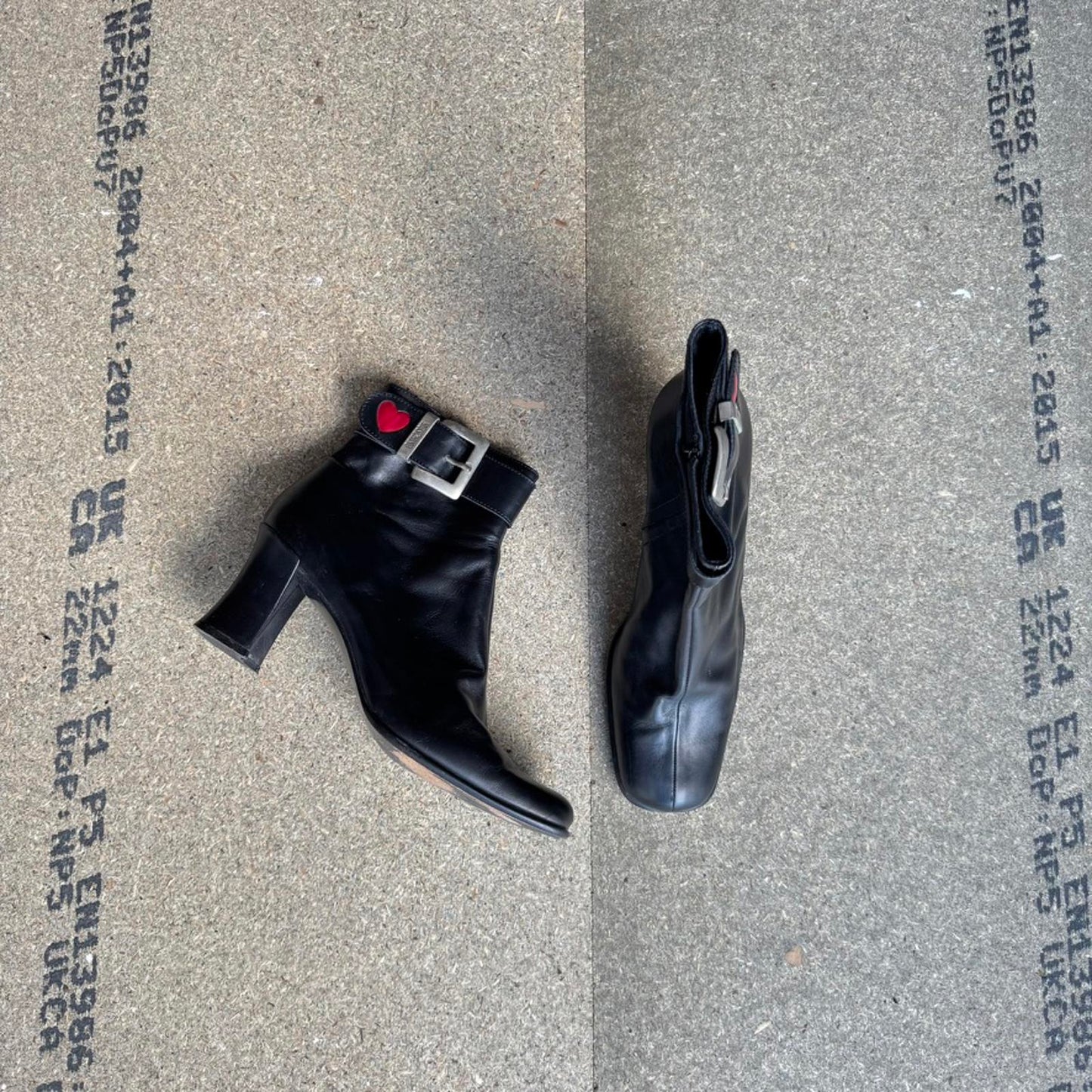 90s Y2K vintage Moschino leather block heel boots heart buckle square toe