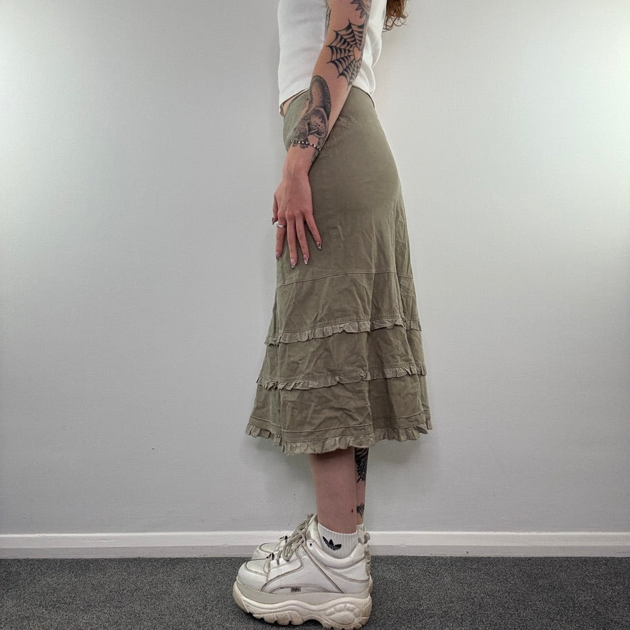 Y2K corduroy frilly tiered midi skirt