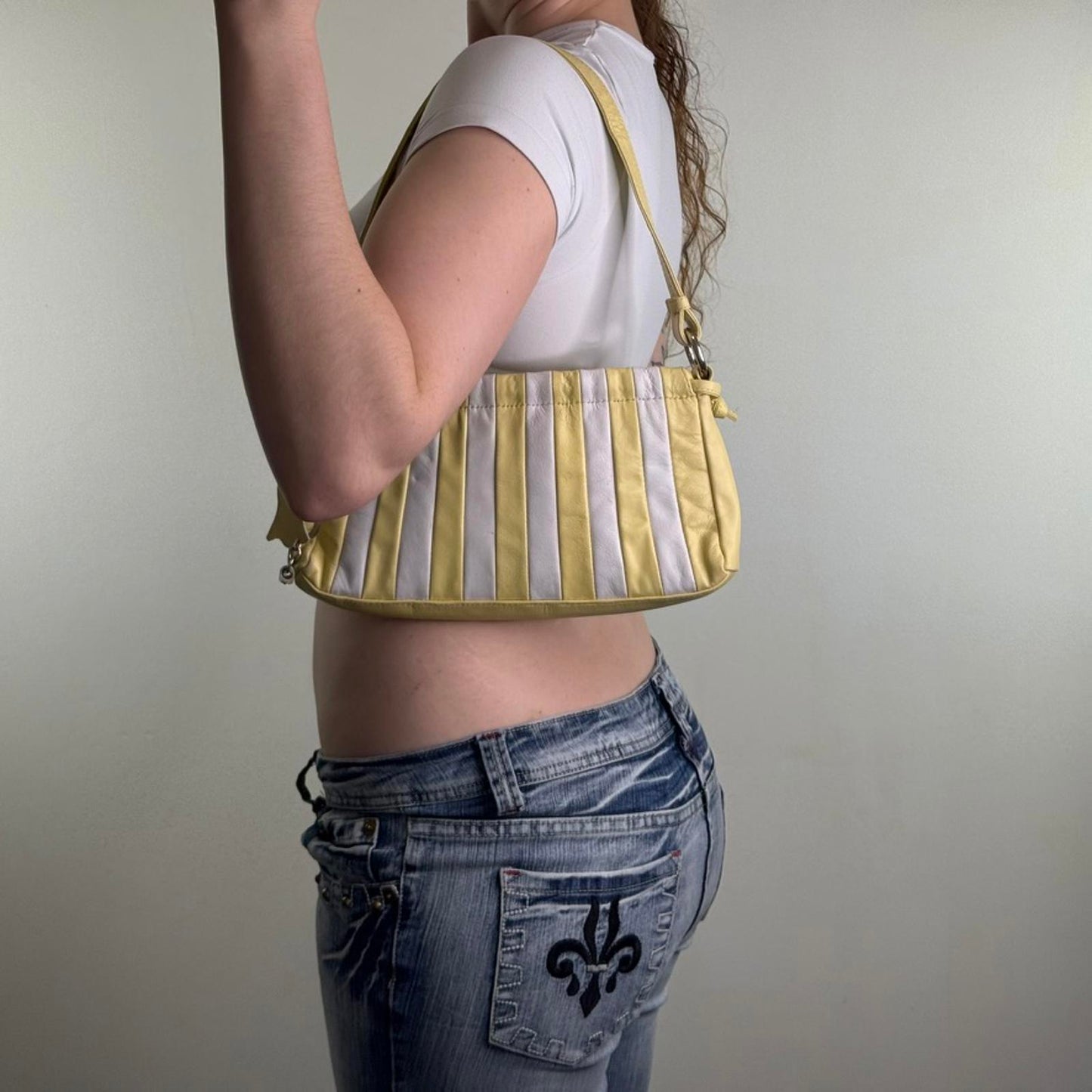 Y2K vintage genuine leather mini shoulder bag striped yellow white summer