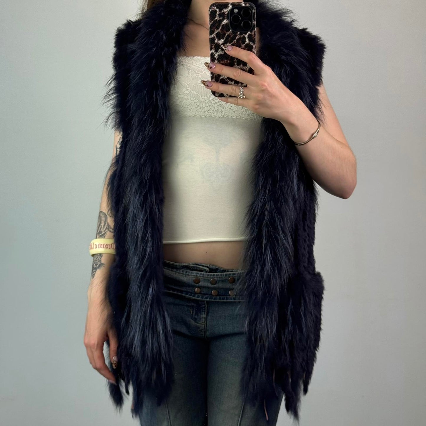 Genuine rabbit/ racoon fur sleeveless jacket gilet dark blue navy side pockets