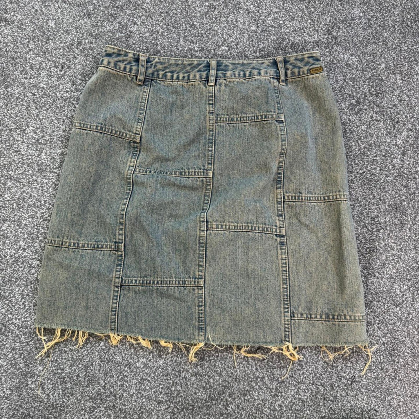 Y2K vintage patchwork denim midi skirt fraying hem above knee
